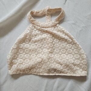 Cream Lace Halter Crop Top XS | Floral Crochet Boho Festival Layering